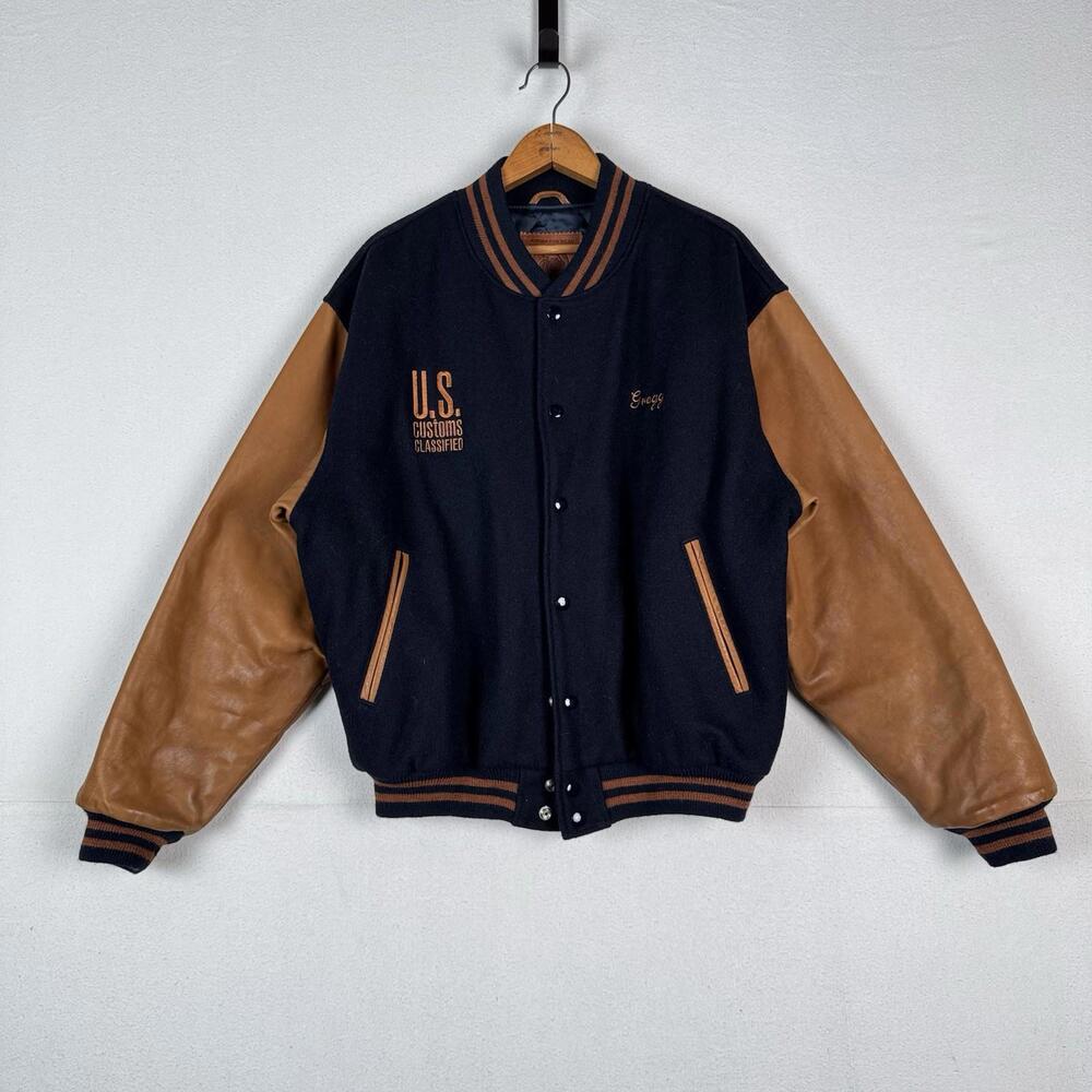 US Customs X Golden Bear Varsity Navy Wool Leather Jacket Mens Large Made‎ USA